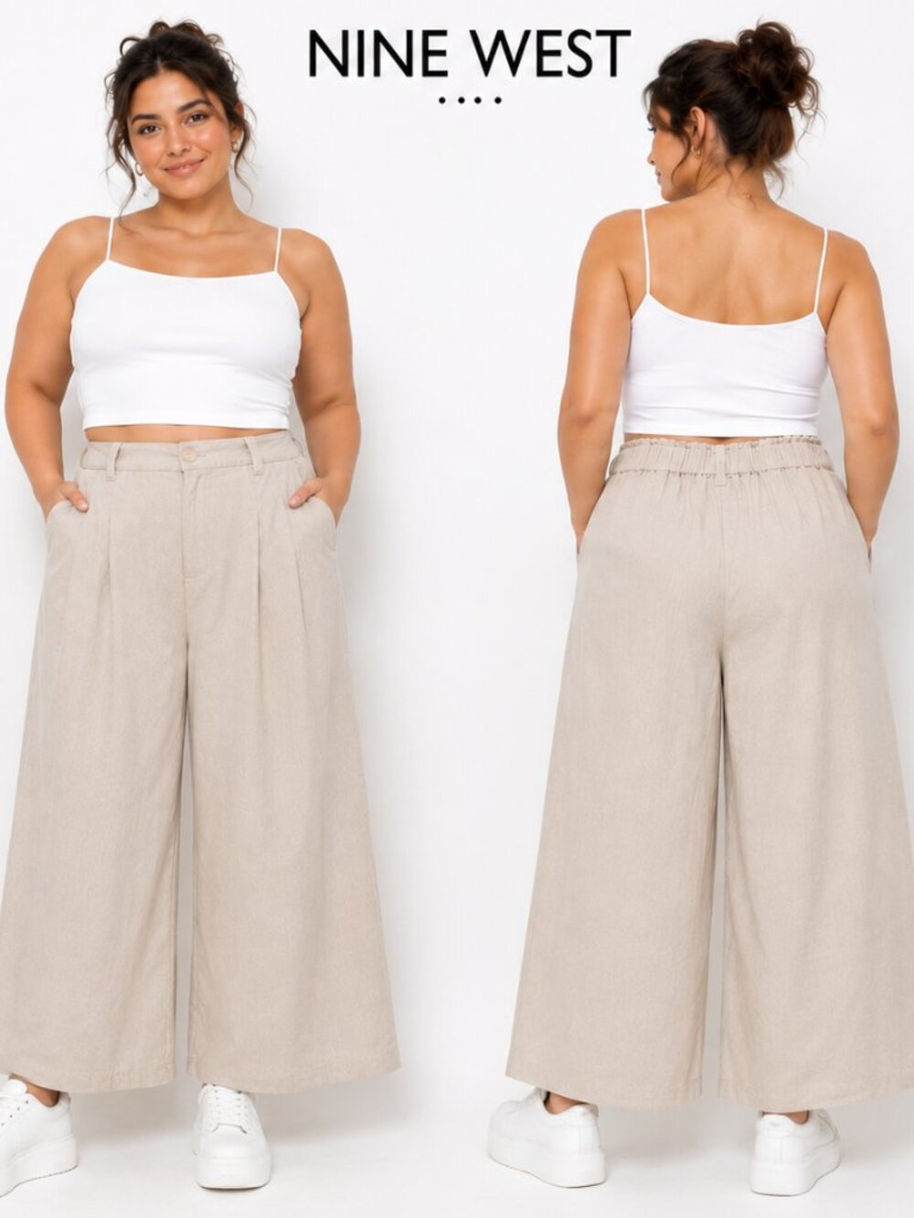 Nine West Jeans Khaki Pleated Wide Leg Crop Pants 14P Beige High Rise NWT